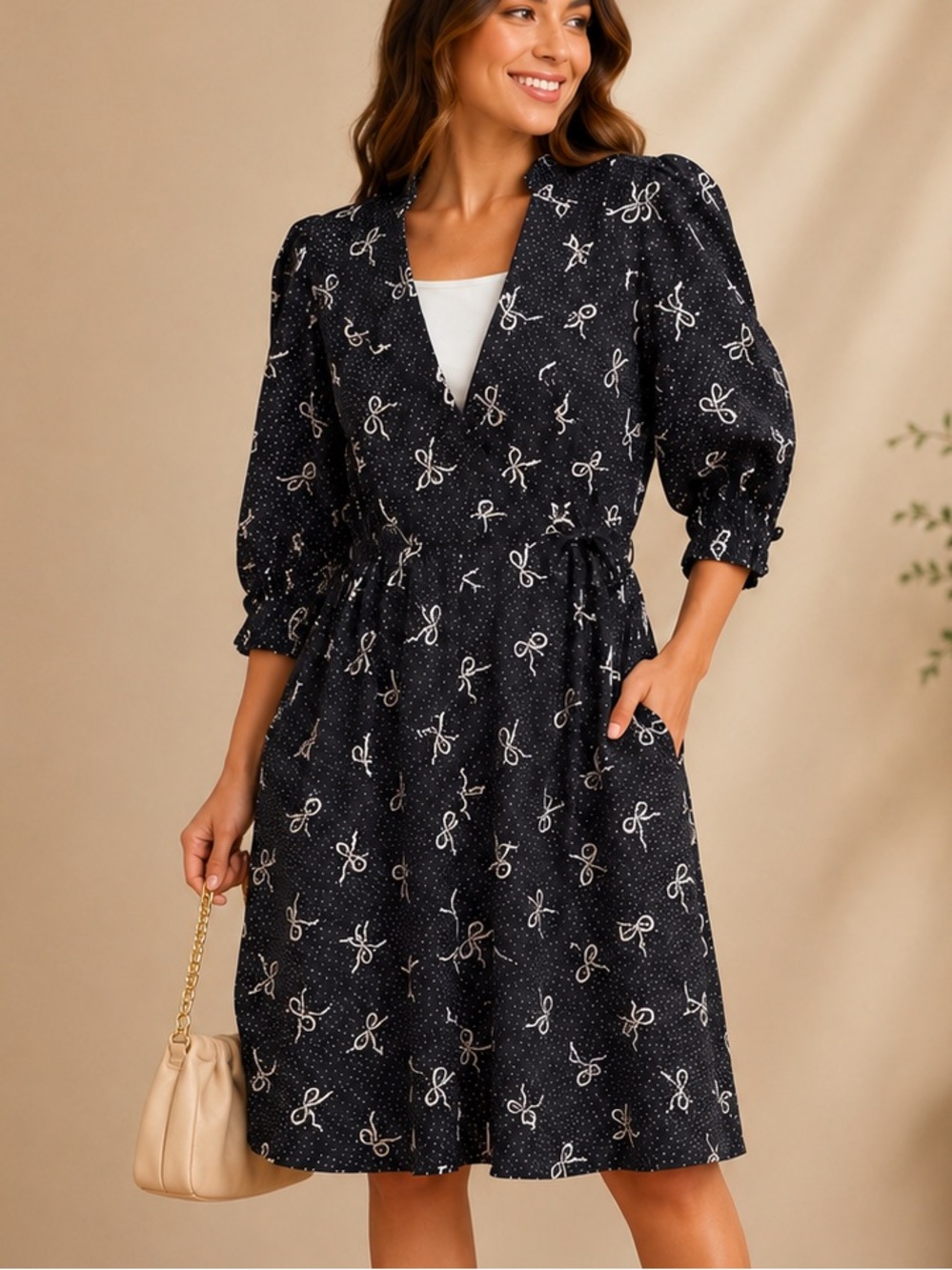 R.J Steven’s by Carol Escritor Black Bow-Print V-Neck Midi Dress